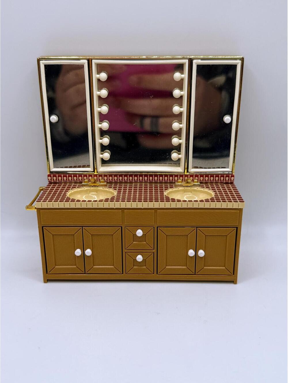1:16 Scale Vintage 1980s TOMY Dollhouse Vanity Double Sink Mirror Cabinet